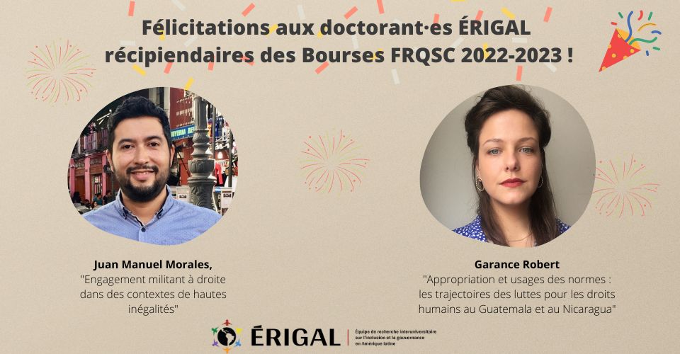 Félicitations aux doctorant-es de l ÉRIGAL récipiendaires des bourses du FRQSC !